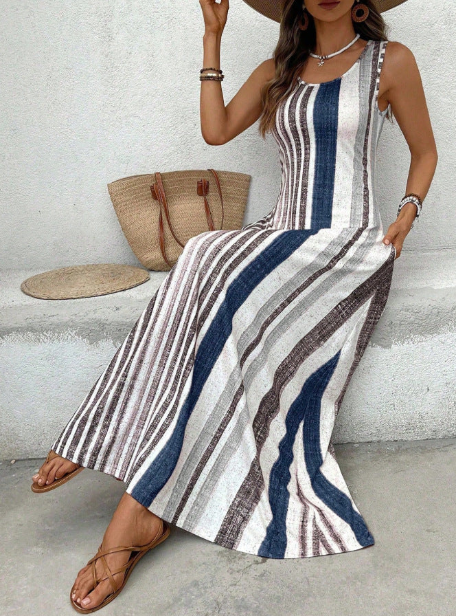 Women's Fashionable Striped Split Long Dress