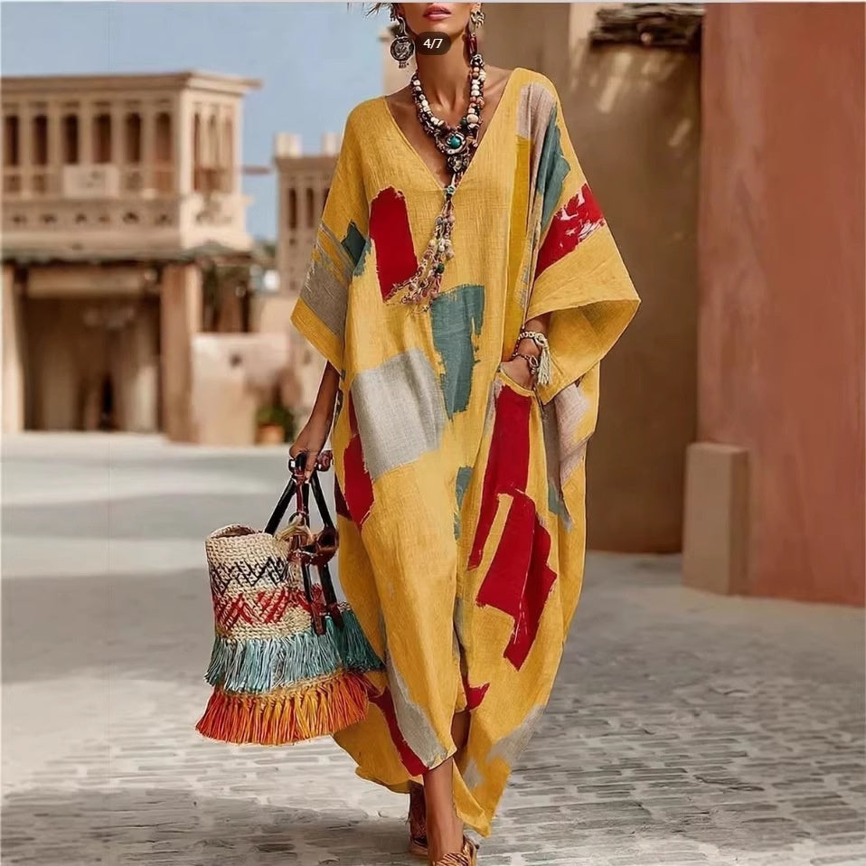 Abstract Print V-Neck Casual Loose Dress