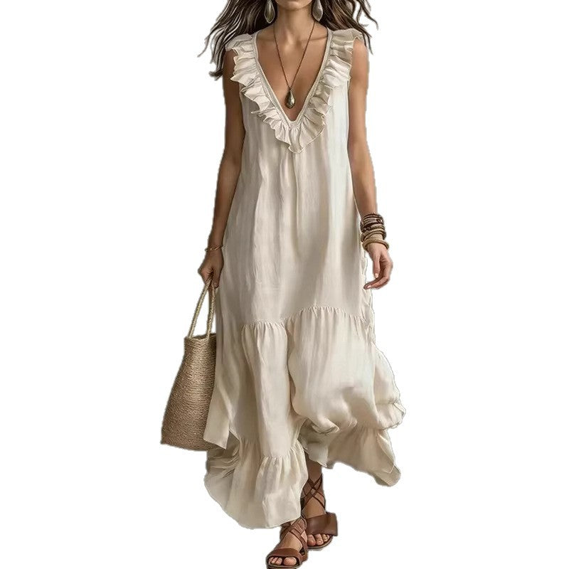 Lace-trimmed Loose-fit Casual Sleeveless Maxi Dress