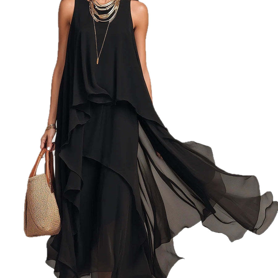 Black Sleeveless Asymmetrical Chiffon Maxi Elegant Flowing Womens Dress