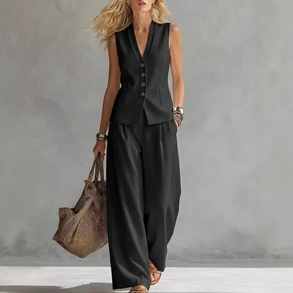 Womens Solid-Colored Sleeveless Casual Linen Tank Top And Pants Set