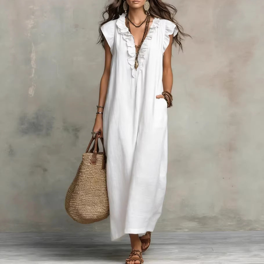 Bohemian Floor-length Dress With Flutter Sleeves