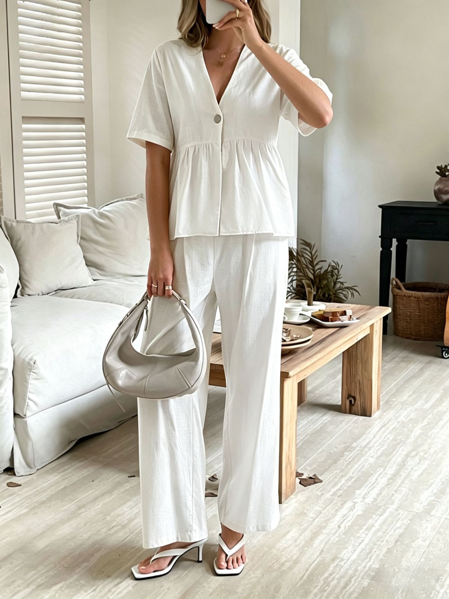 V-neck Loose-fit Short-sleeve Top And Wide-leg Pants Two-piece Set