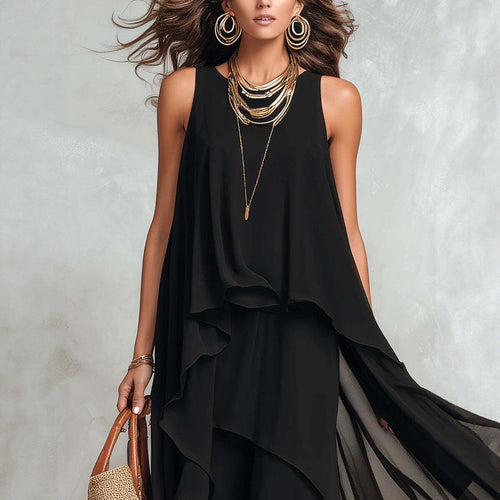 Black Sleeveless Asymmetrical Chiffon Maxi Elegant Flowing Womens Dress