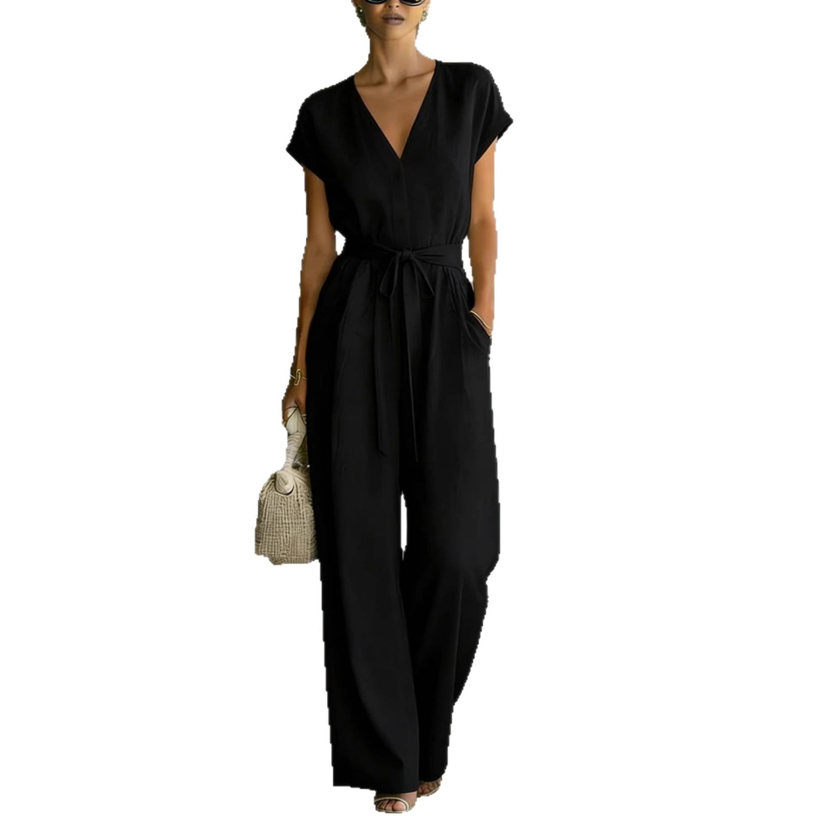 Button-front Belted V-neck Jumpsuit