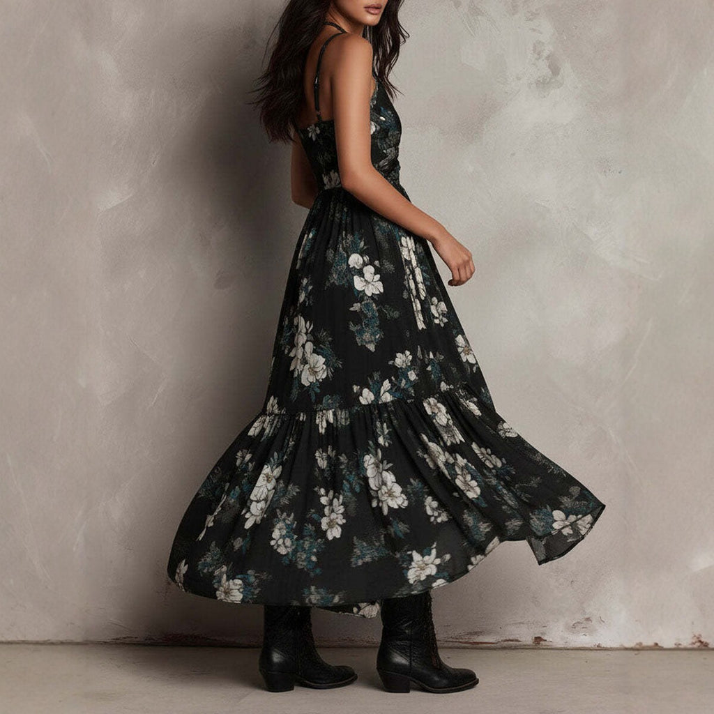 Womens V-Neck Fitted Waist High-Slit Maxi Fashionable Vacation Dress