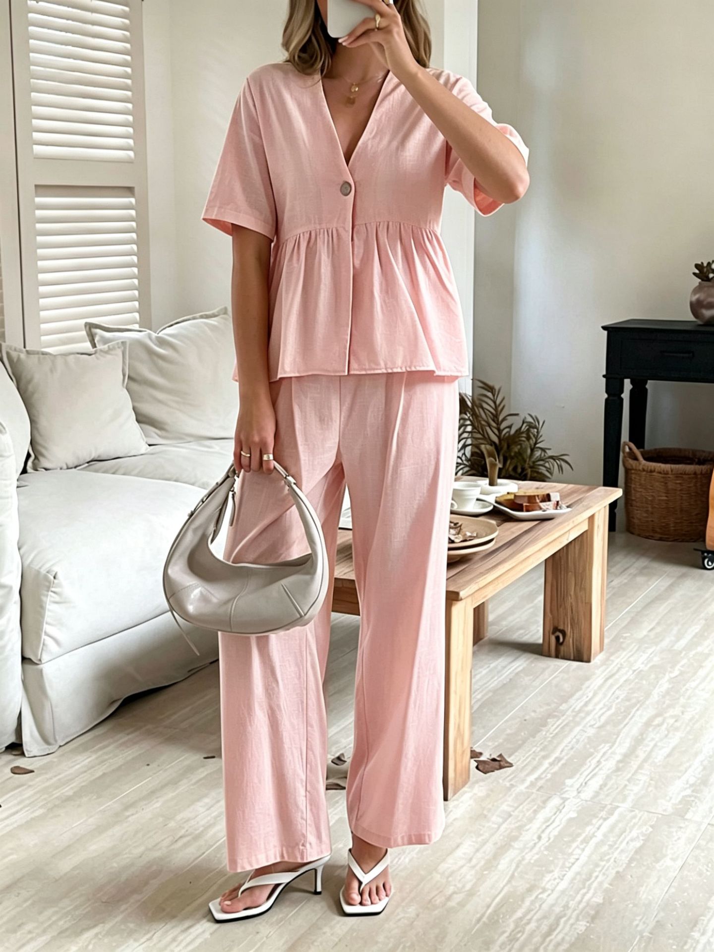 V-neck Loose-fit Short-sleeve Top And Wide-leg Pants Two-piece Set