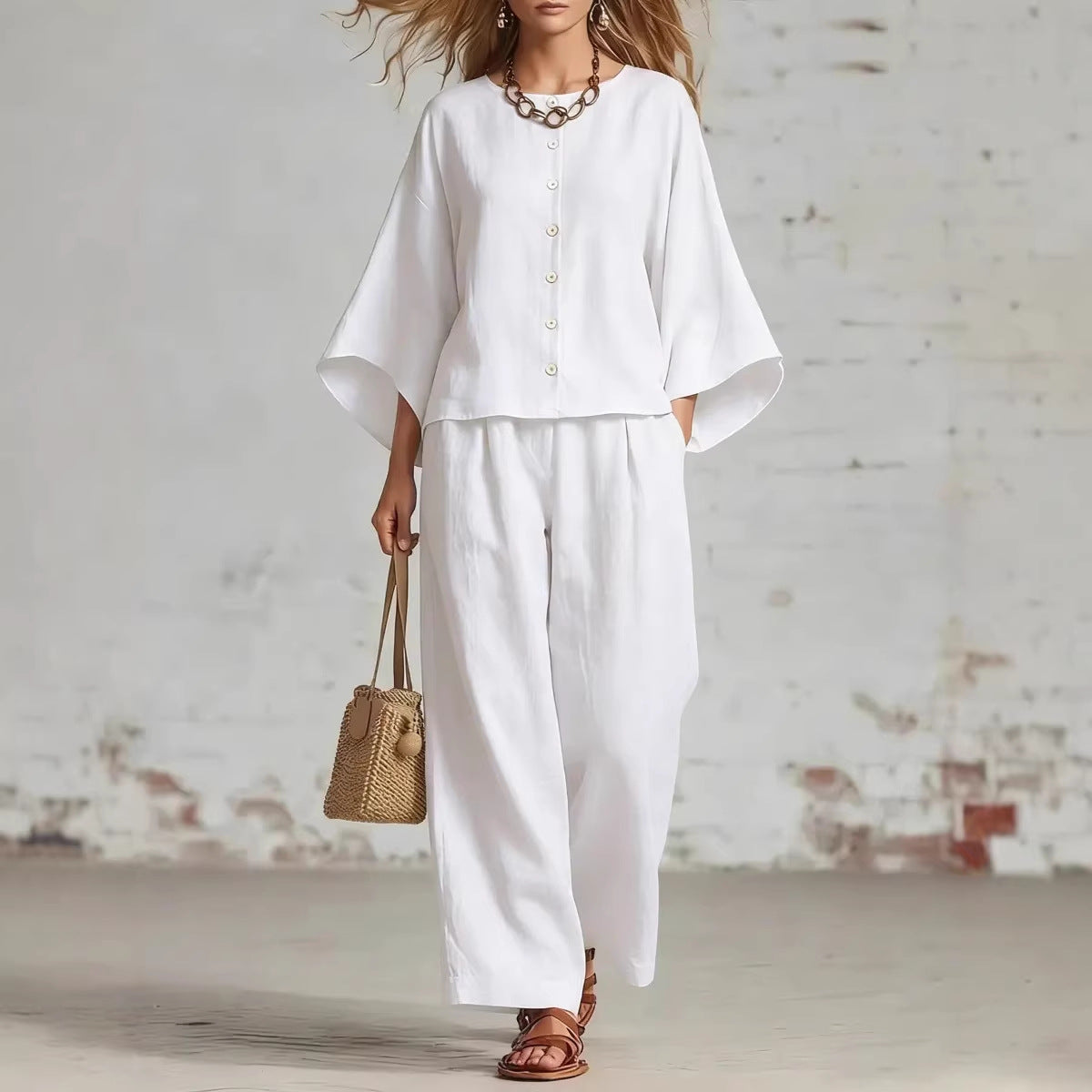 Women's Cotton And Linen Wide-leg Pants Suit