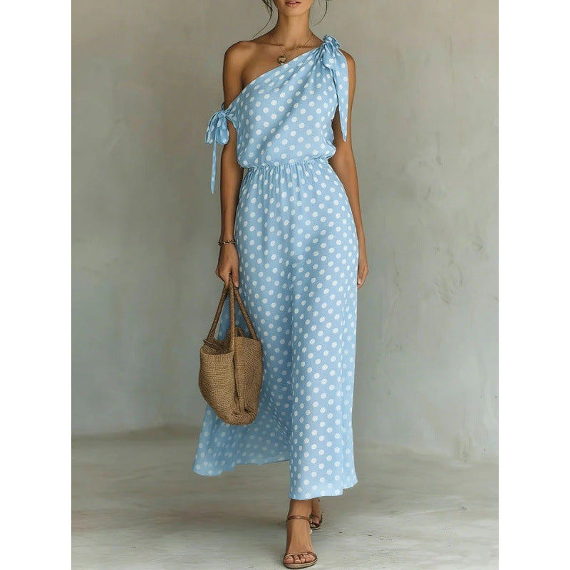 Polka-dot Off-shoulder One-shoulder Womens Dress