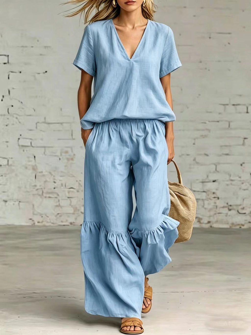 Womens Casual Solid Color V-Neck Loose Short-Sleeve Pants Set