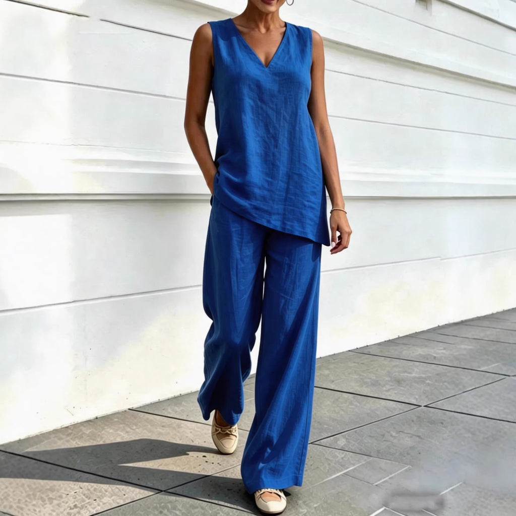 Womens V-neck Sleeveless Cotton-Linen Top And Wide-Leg Pants Set