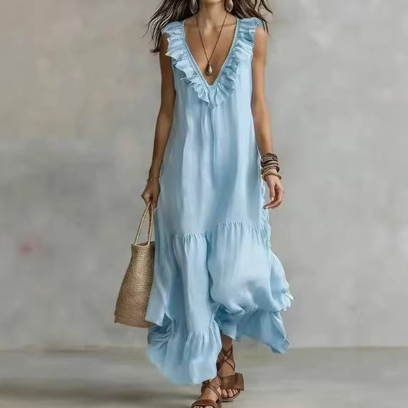 Lace-trimmed Loose-fit Casual Sleeveless Maxi Dress