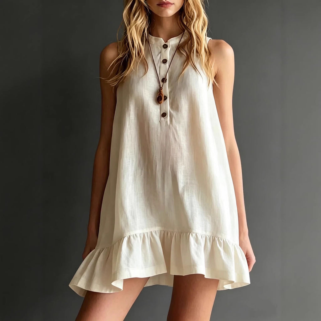 Cotton-Linen Solid-Color Stand Collar Sleeveless Ruffle-Trim Dress
