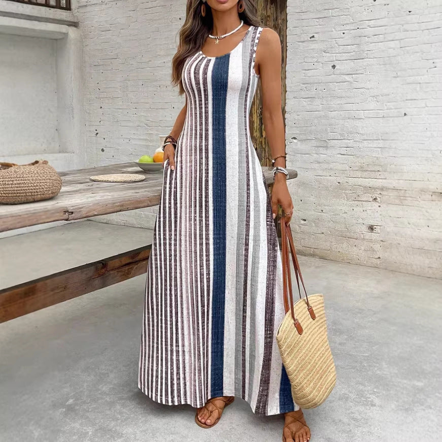 Women's Fashionable Striped Split Long Dress
