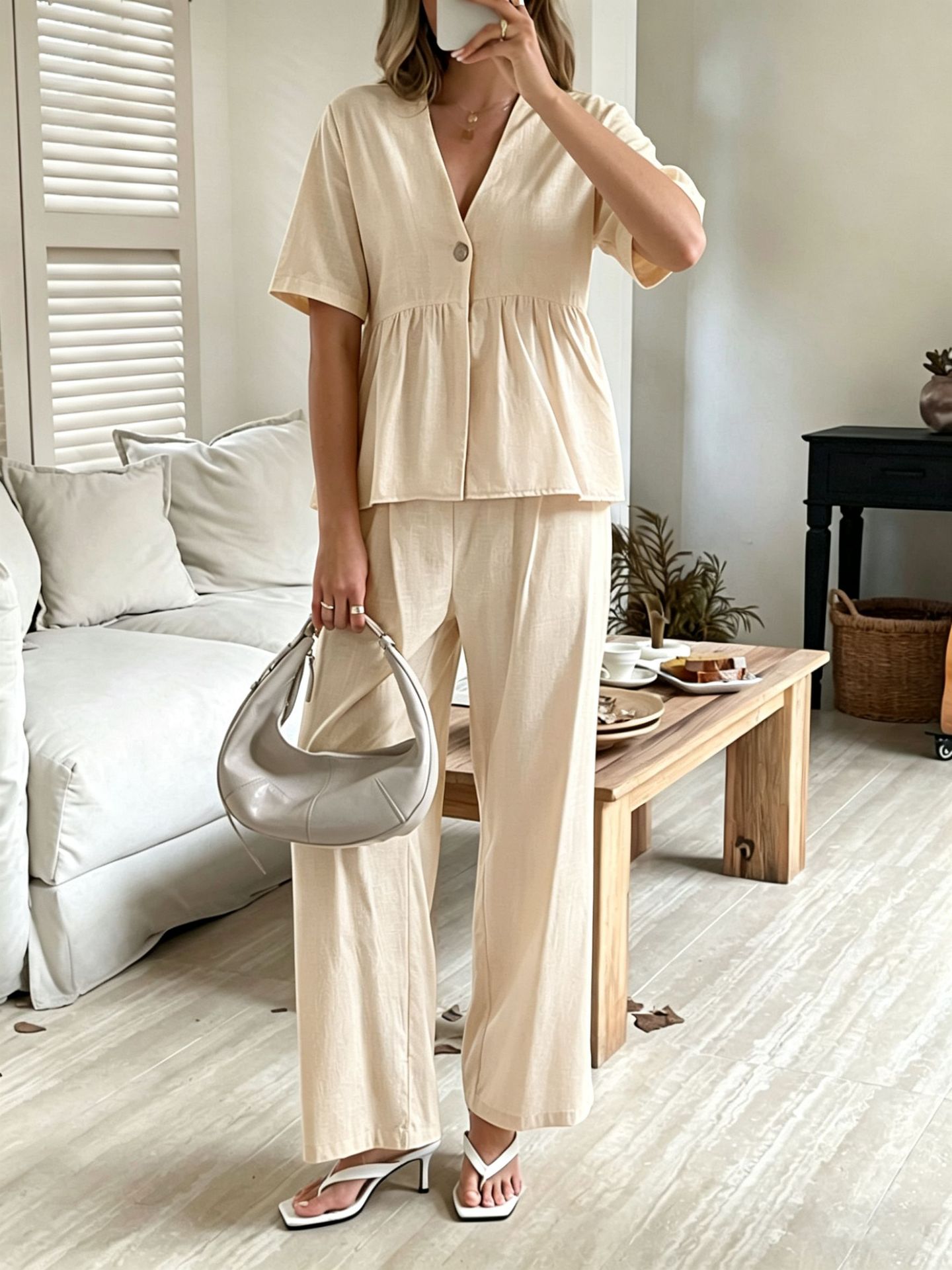 V-neck Loose-fit Short-sleeve Top And Wide-leg Pants Two-piece Set