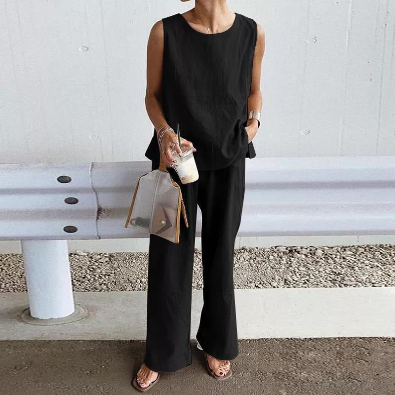 Womens Loose Solid-Colored Shirt And Pants Two-Piece Set
