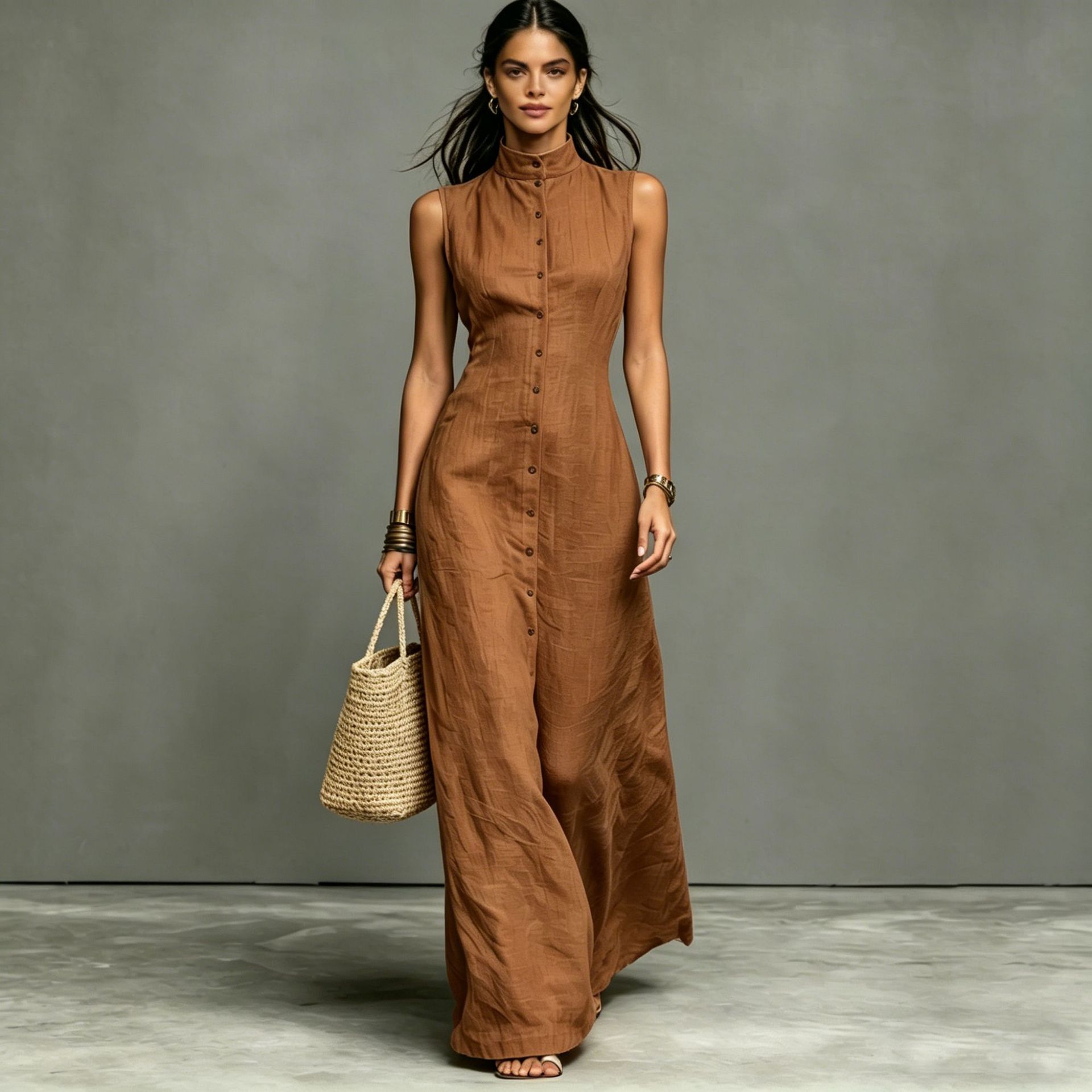 Blended Fabric Stand-up Collar Single-breasted Sleeveless Maxi Dress