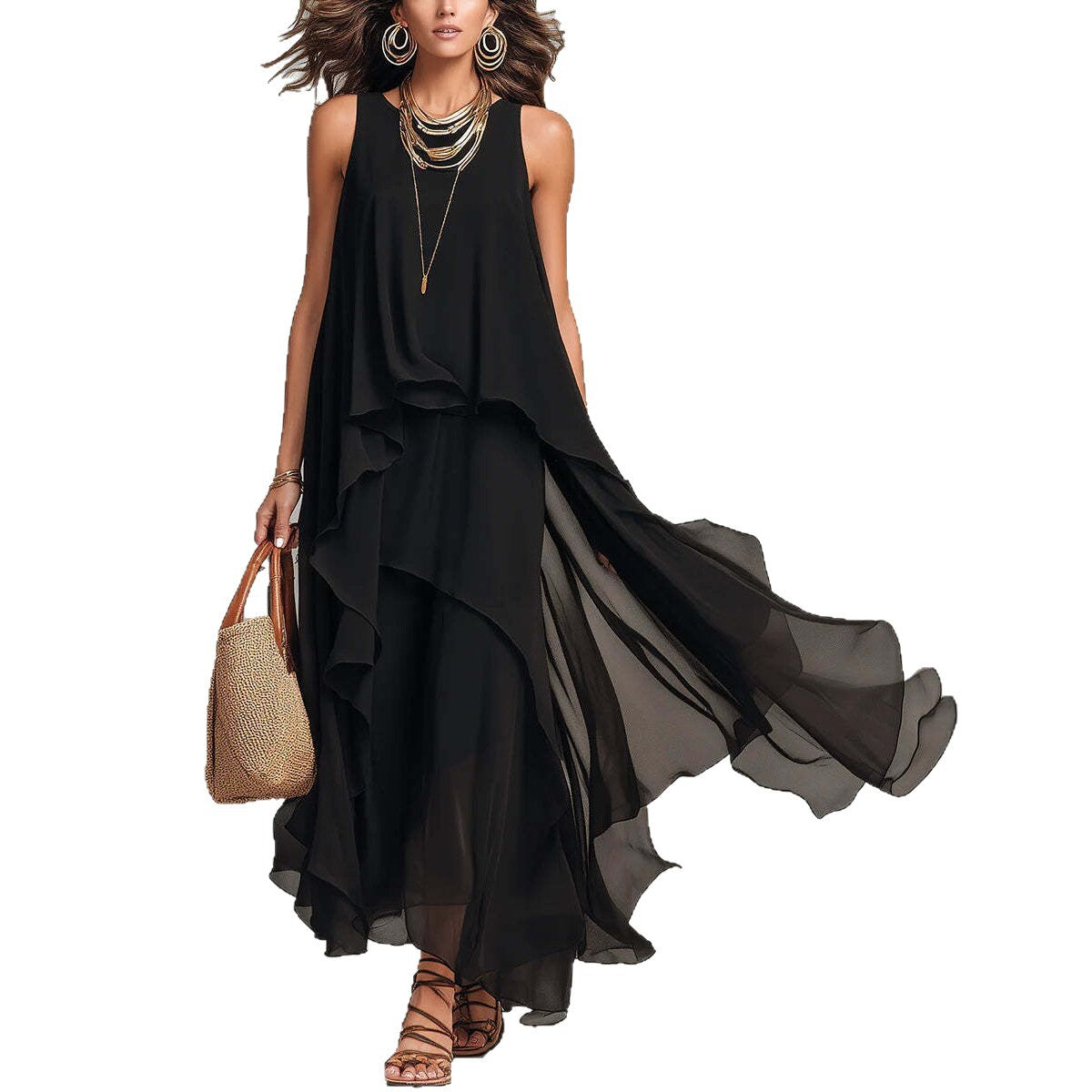 Black Sleeveless Asymmetrical Chiffon Maxi Elegant Flowing Womens Dress