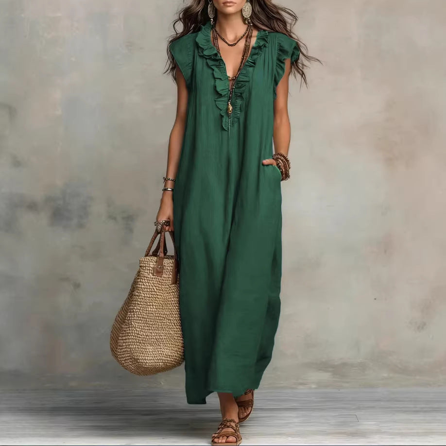 Bohemian Floor-length Dress With Flutter Sleeves