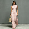 Blended Fabric Stand-up Collar Single-breasted Sleeveless Maxi Dress