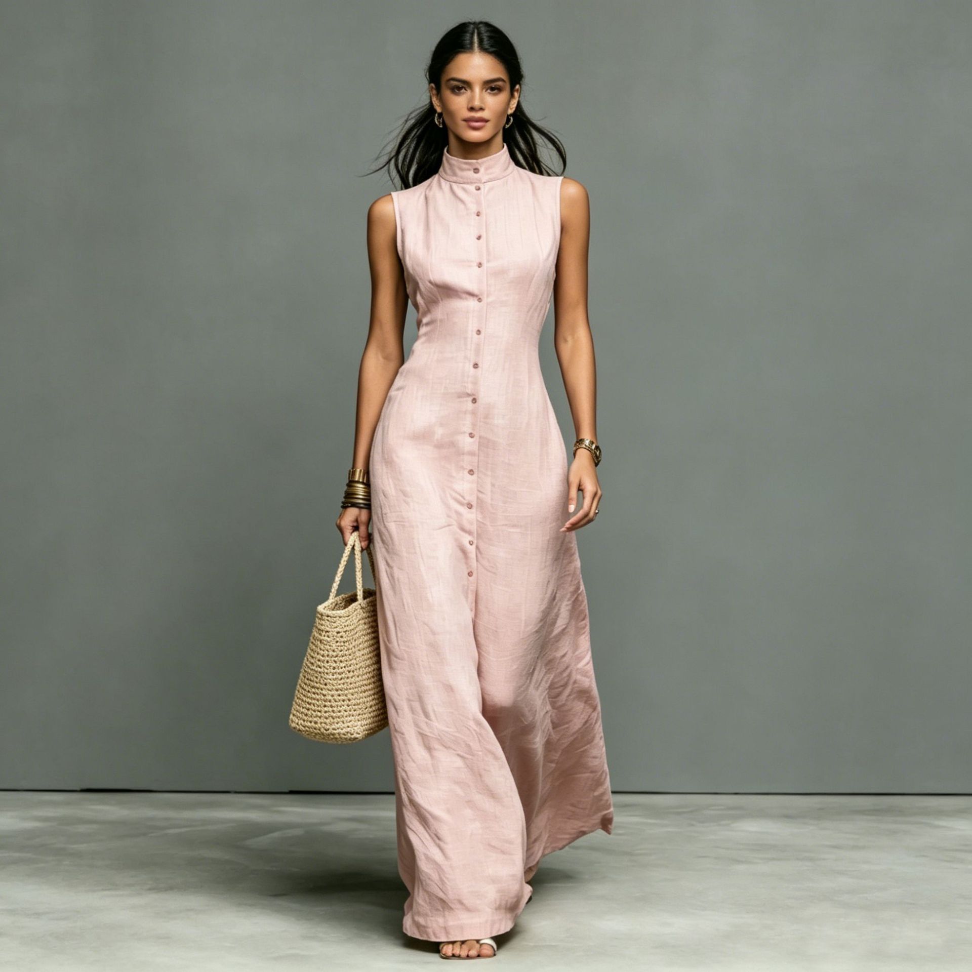 Blended Fabric Stand-up Collar Single-breasted Sleeveless Maxi Dress