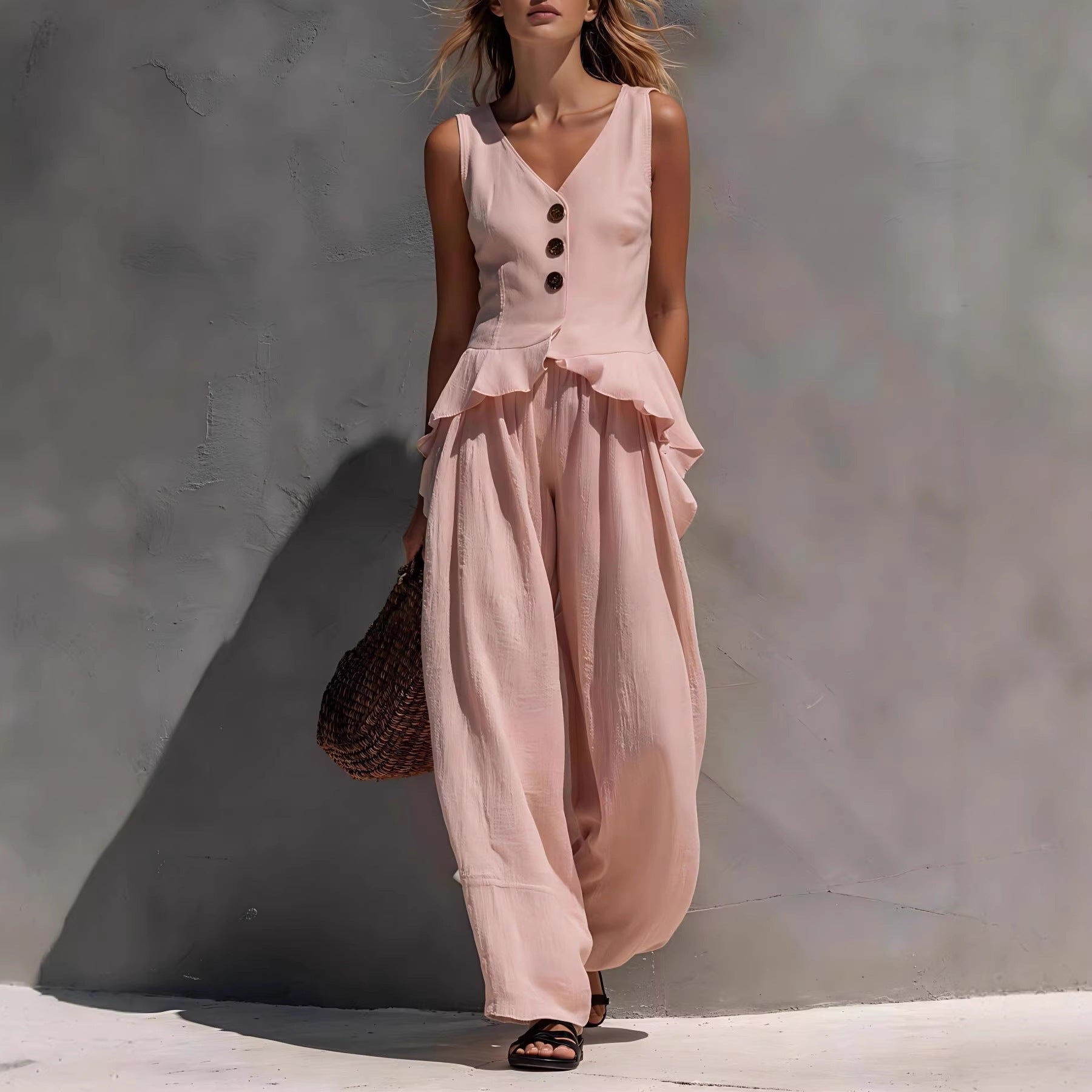 Sleeveless V-neck Ruffled Tank Top Draping Wide-leg Pants Two-piece Set