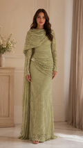 Lace Embellished Cape Sleeve Evening Gown