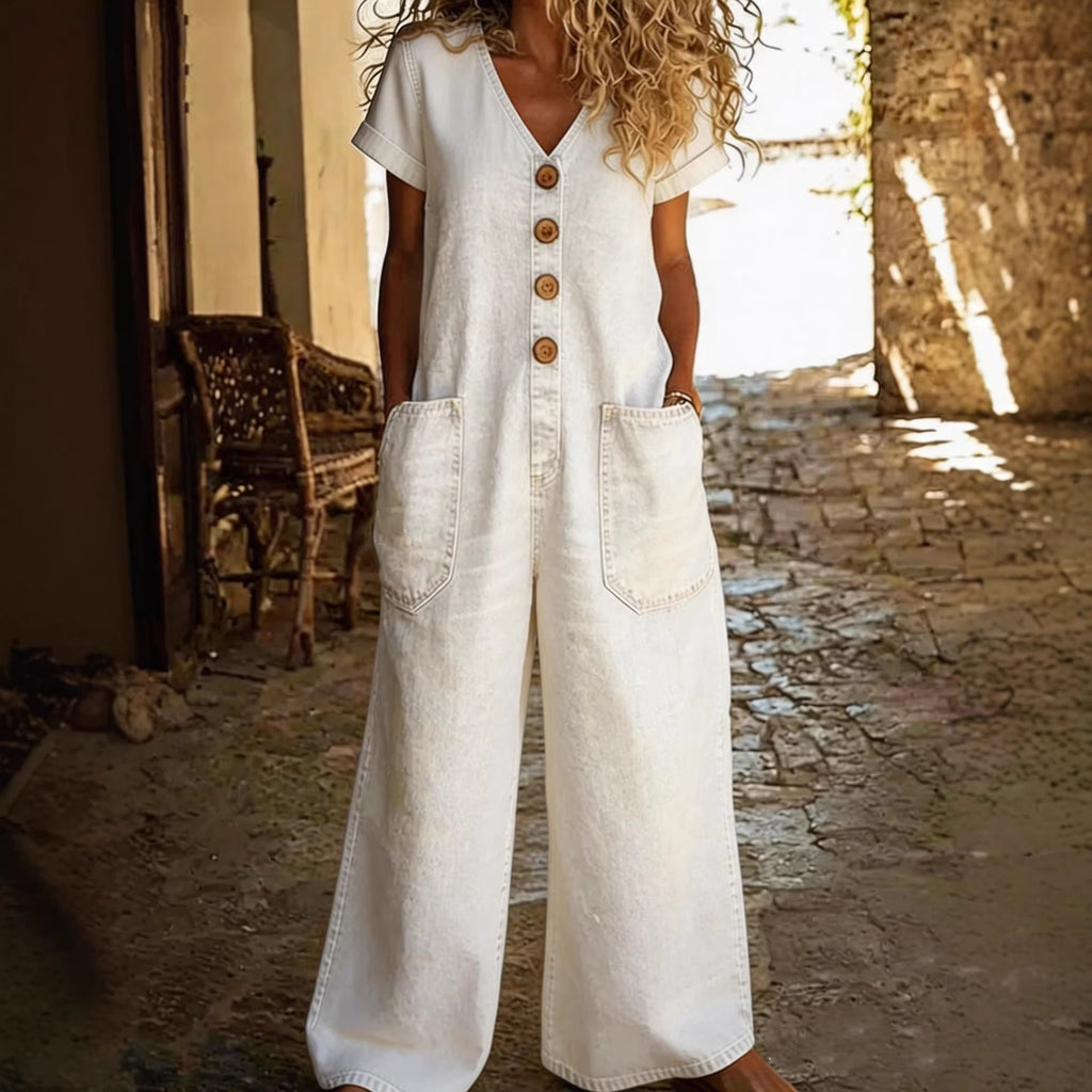 Womens Retro Summer Cotton-Linen Button-Pocket Comfortable Short-Sleeve Casual