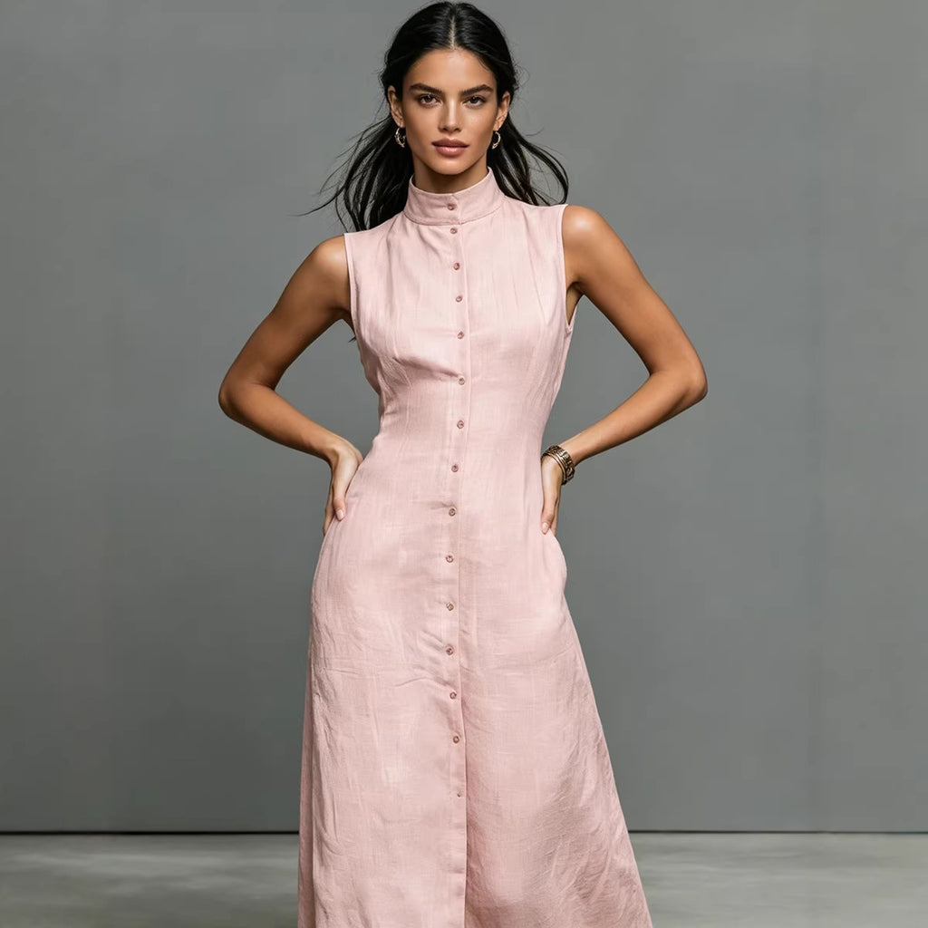 Blended Fabric Stand-up Collar Single-breasted Sleeveless Maxi Dress