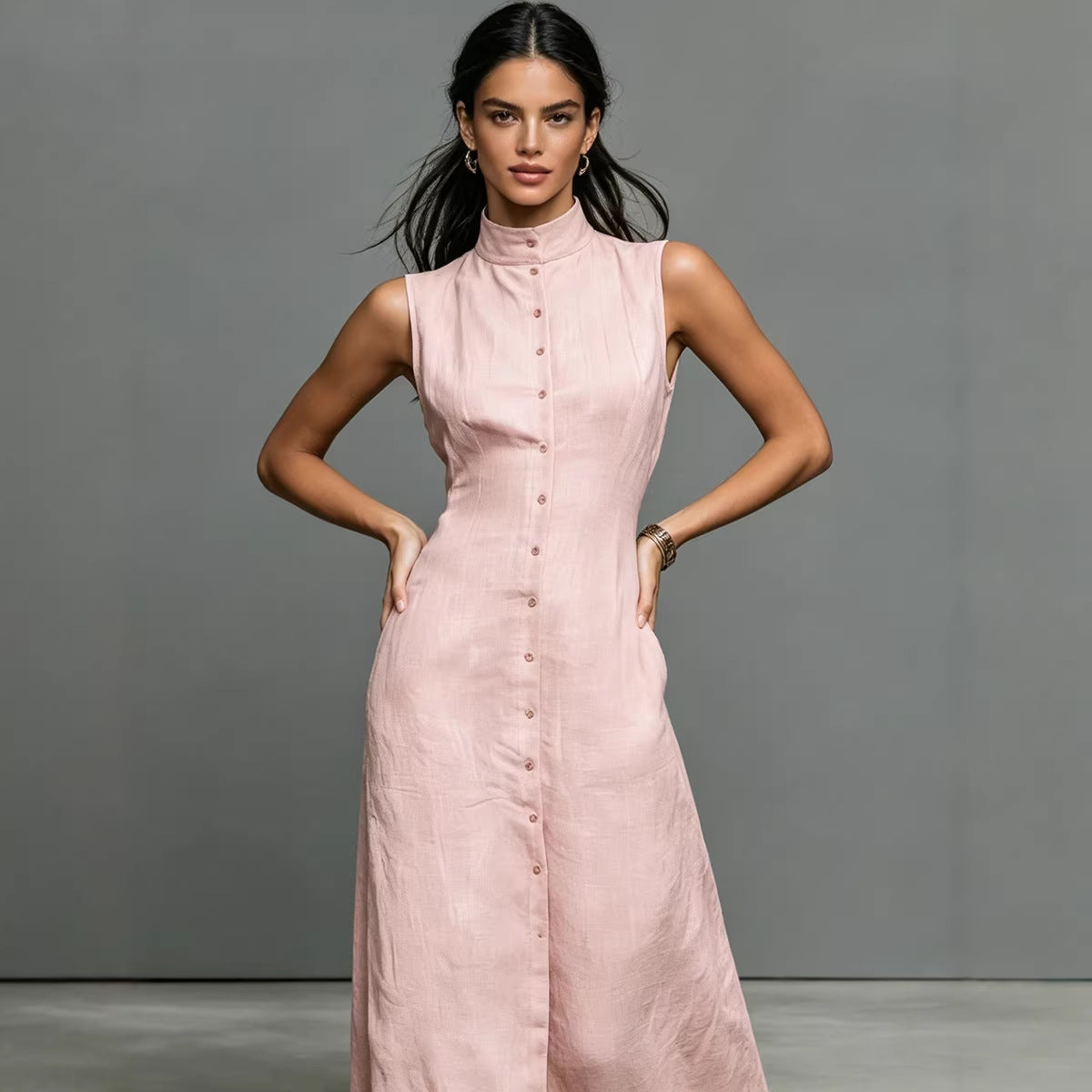 Blended Fabric Stand-up Collar Single-breasted Sleeveless Maxi Dress