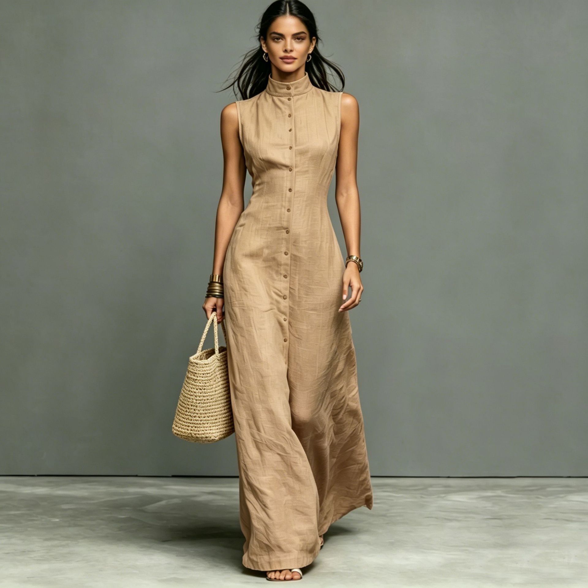 Blended Fabric Stand-up Collar Single-breasted Sleeveless Maxi Dress