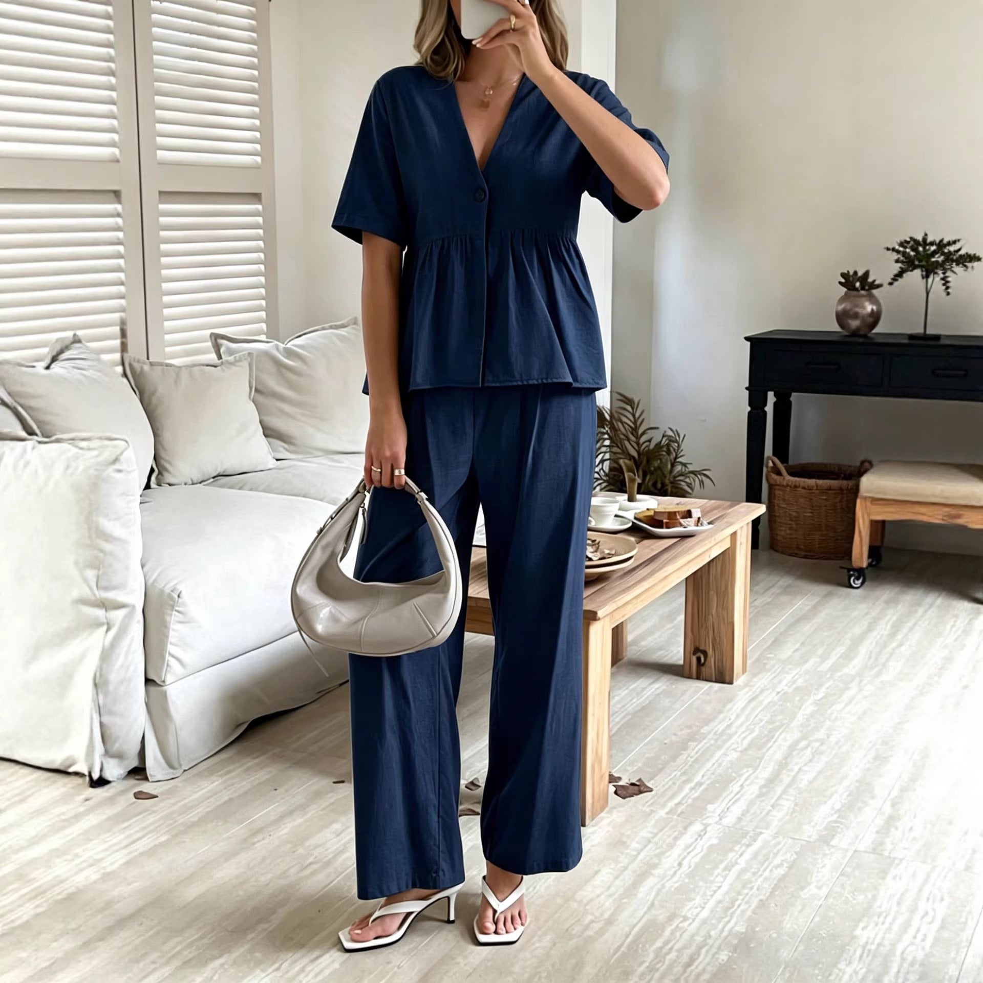 V-neck Loose-fit Short-sleeve Top And Wide-leg Pants Two-piece Set