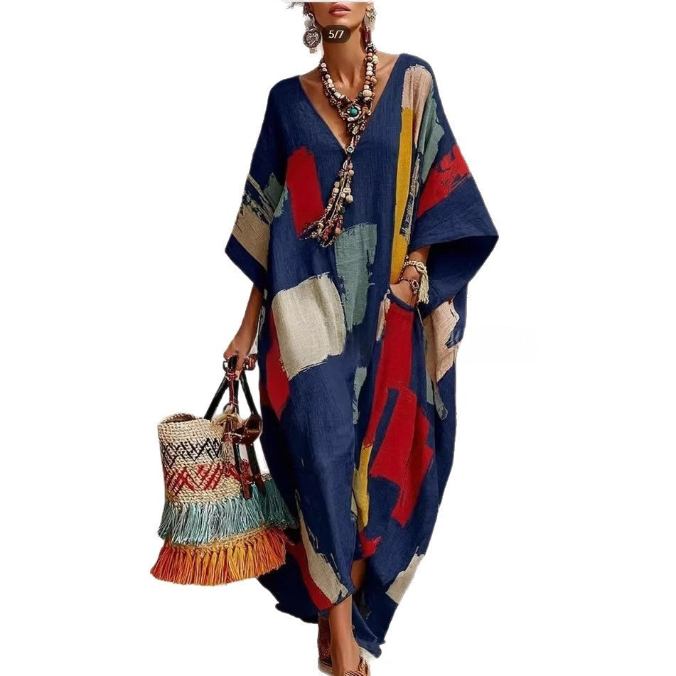 Abstract Print V-Neck Casual Loose Dress