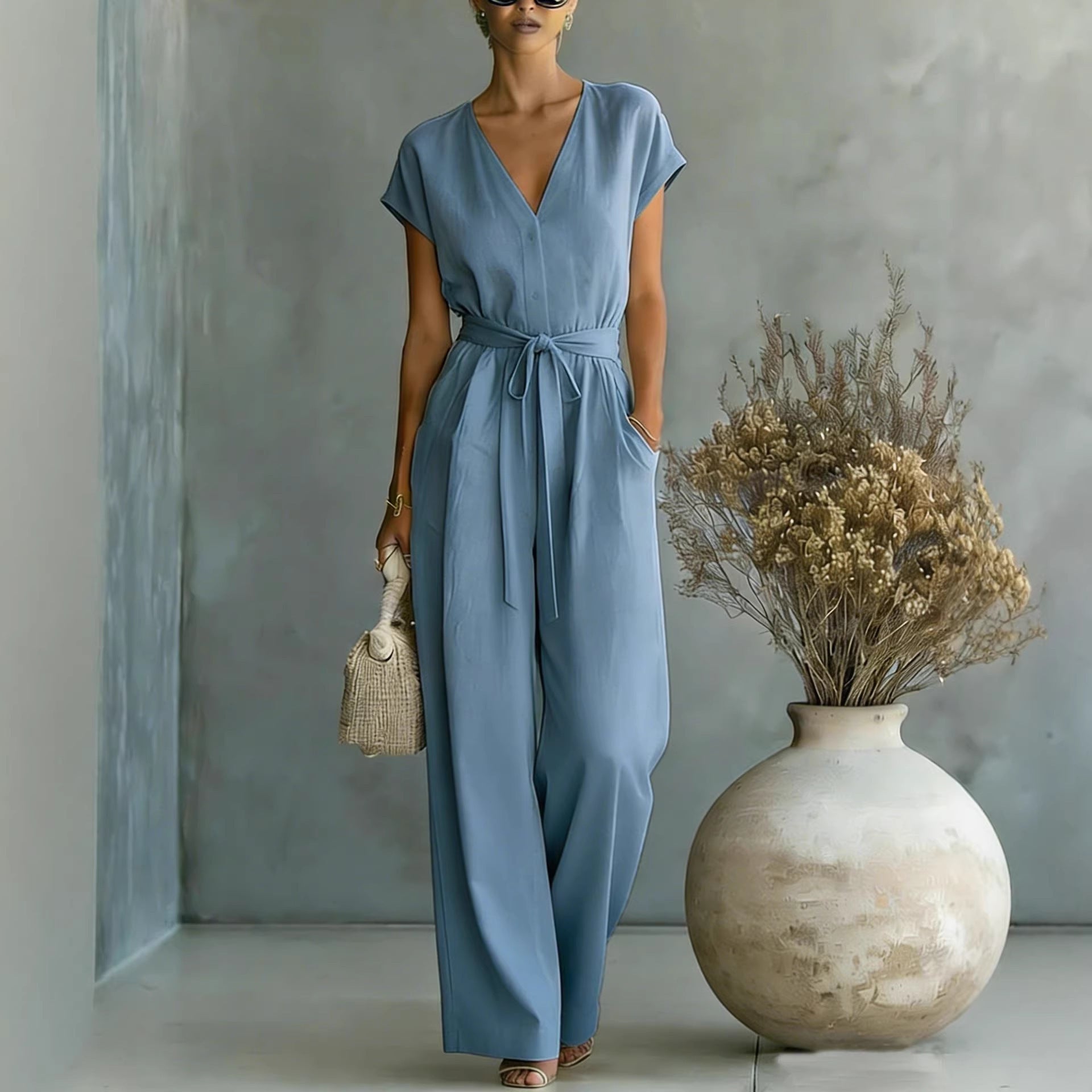 Button-front Belted V-neck Jumpsuit