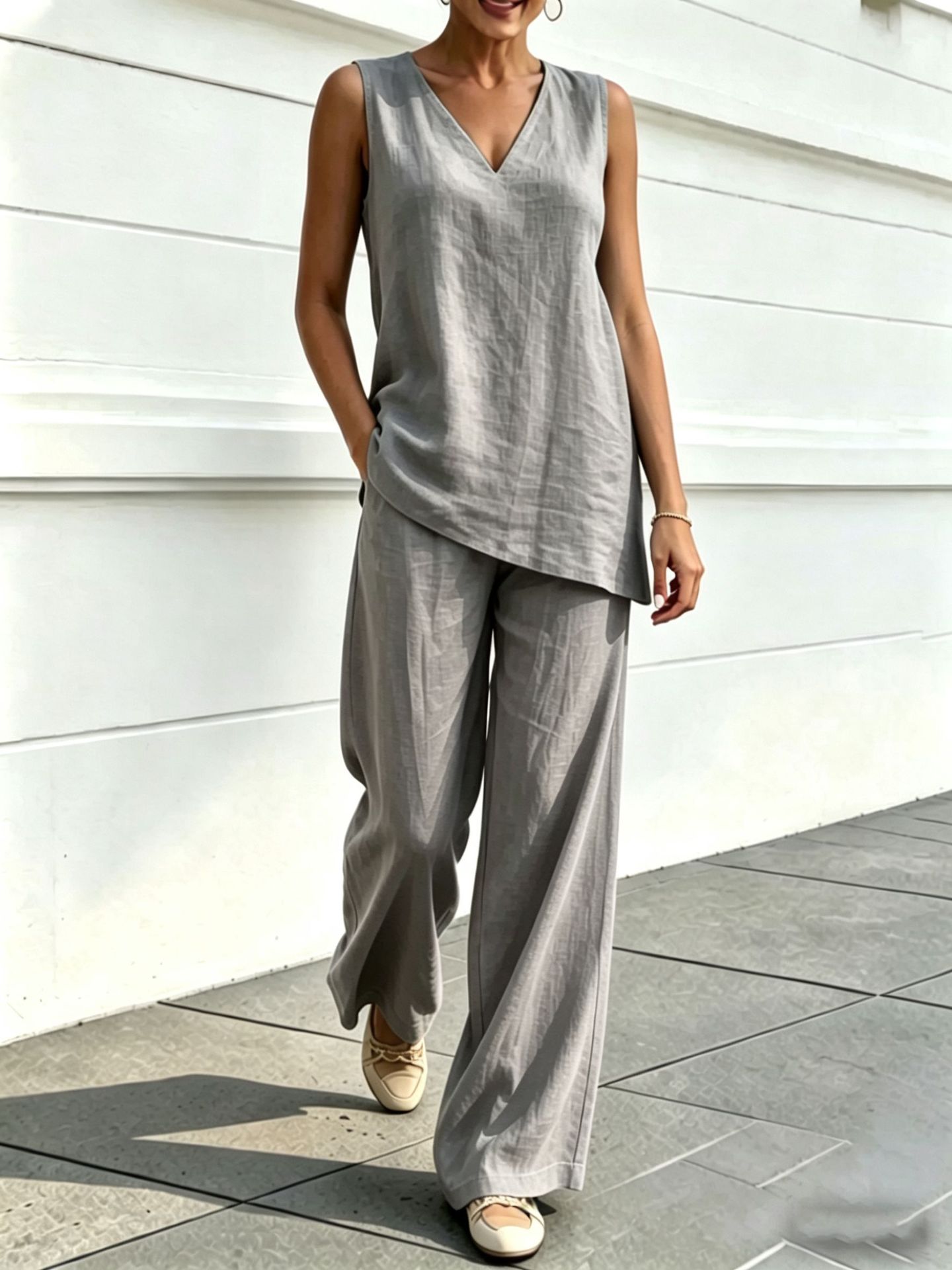 Womens V-neck Sleeveless Cotton-Linen Top And Wide-Leg Pants Set