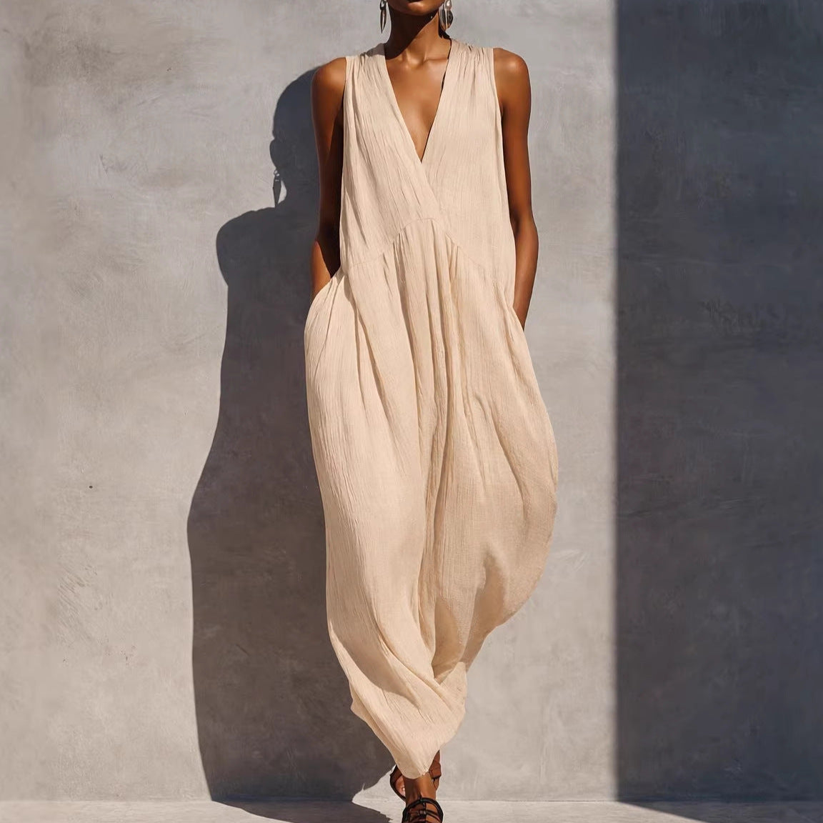 Summer Solid-Color V-Neck Resort-Style Womens Dress