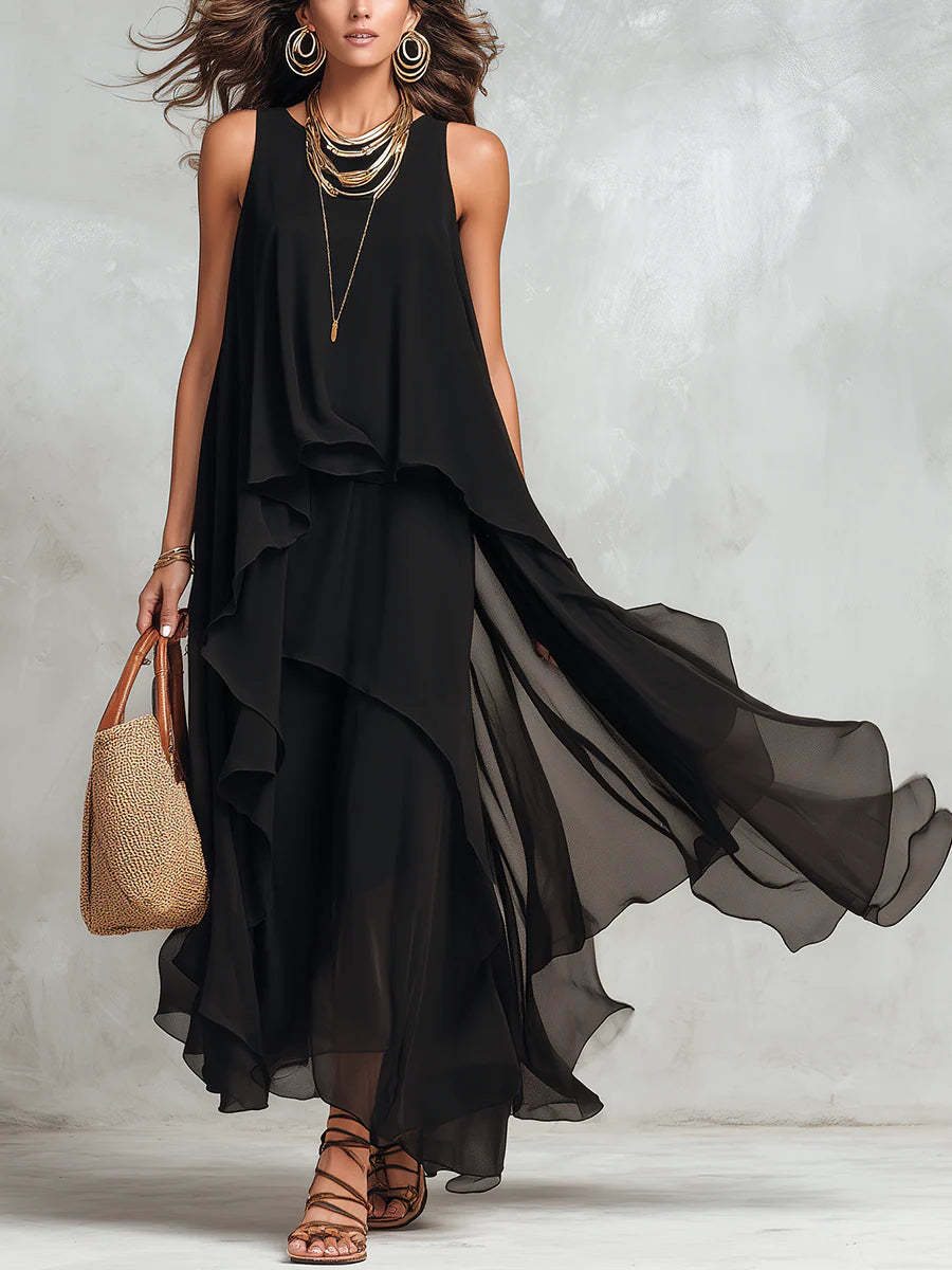 Black Sleeveless Asymmetrical Chiffon Maxi Elegant Flowing Womens Dress
