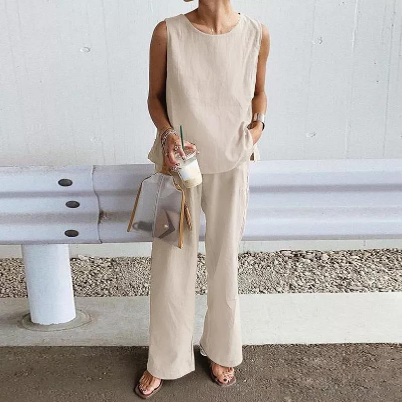 Womens Loose Solid-Colored Shirt And Pants Two-Piece Set