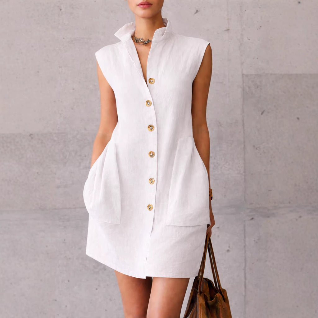 Slimming Sleeveless Stand-Collar Shirt Dress For Summer
