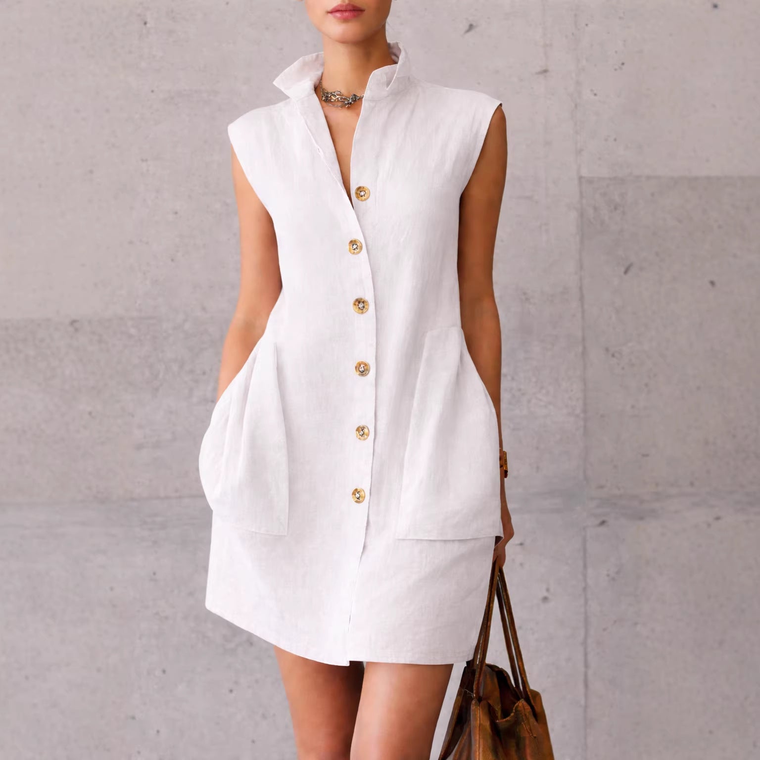 Slimming Sleeveless Stand-Collar Shirt Dress For Summer