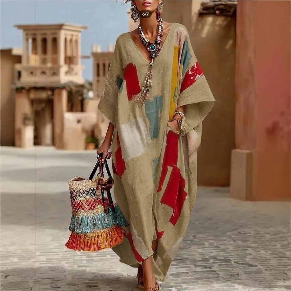 Abstract Print V-Neck Casual Loose Dress