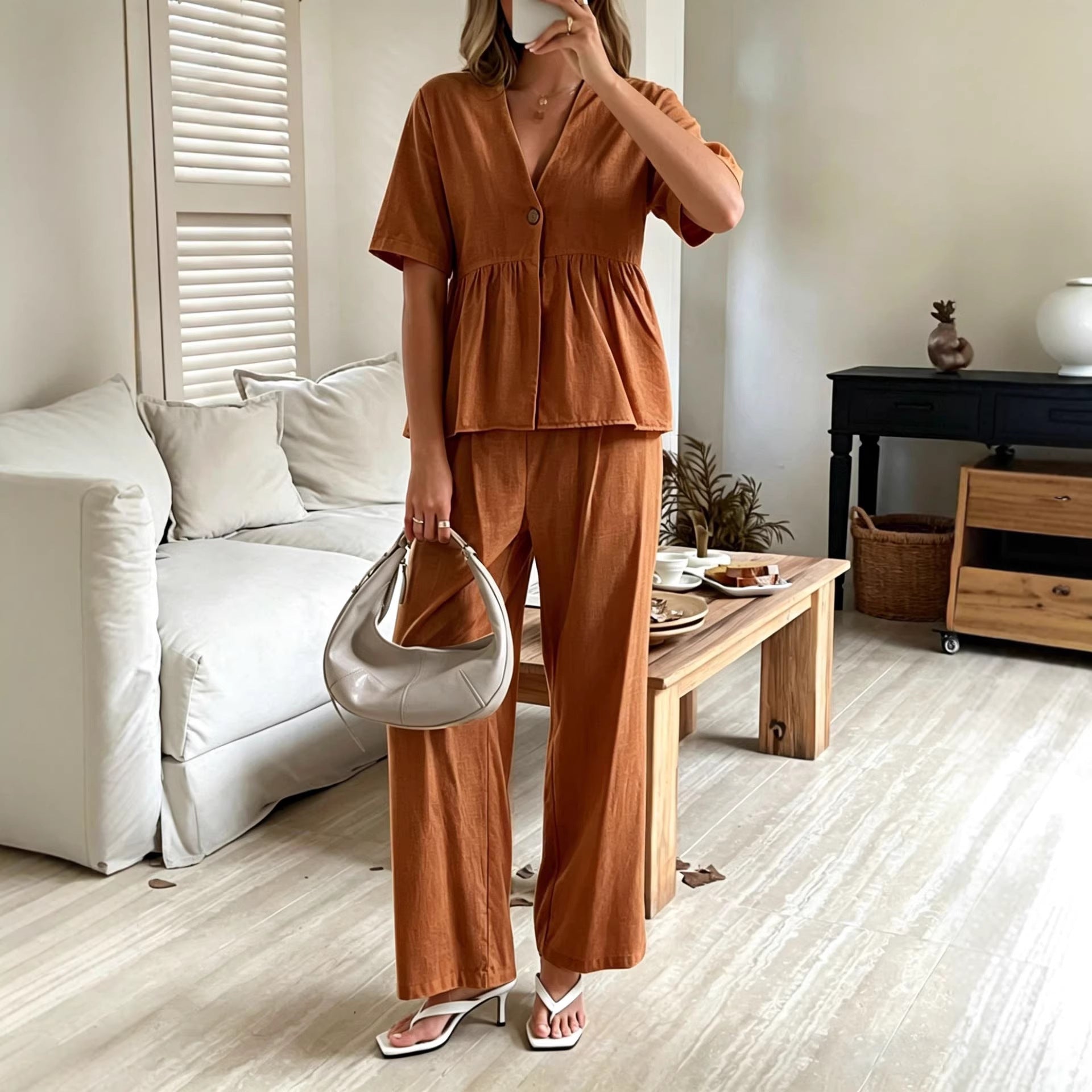V-neck Loose-fit Short-sleeve Top And Wide-leg Pants Two-piece Set