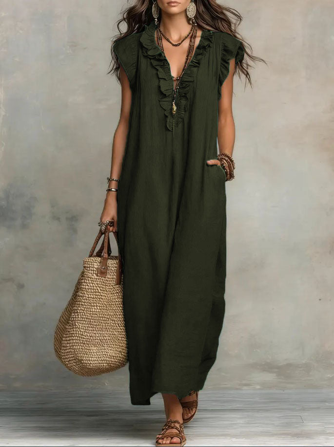 Bohemian Floor-length Dress With Flutter Sleeves