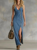 Button-front Sleeveless Denim Dress Vintage Style