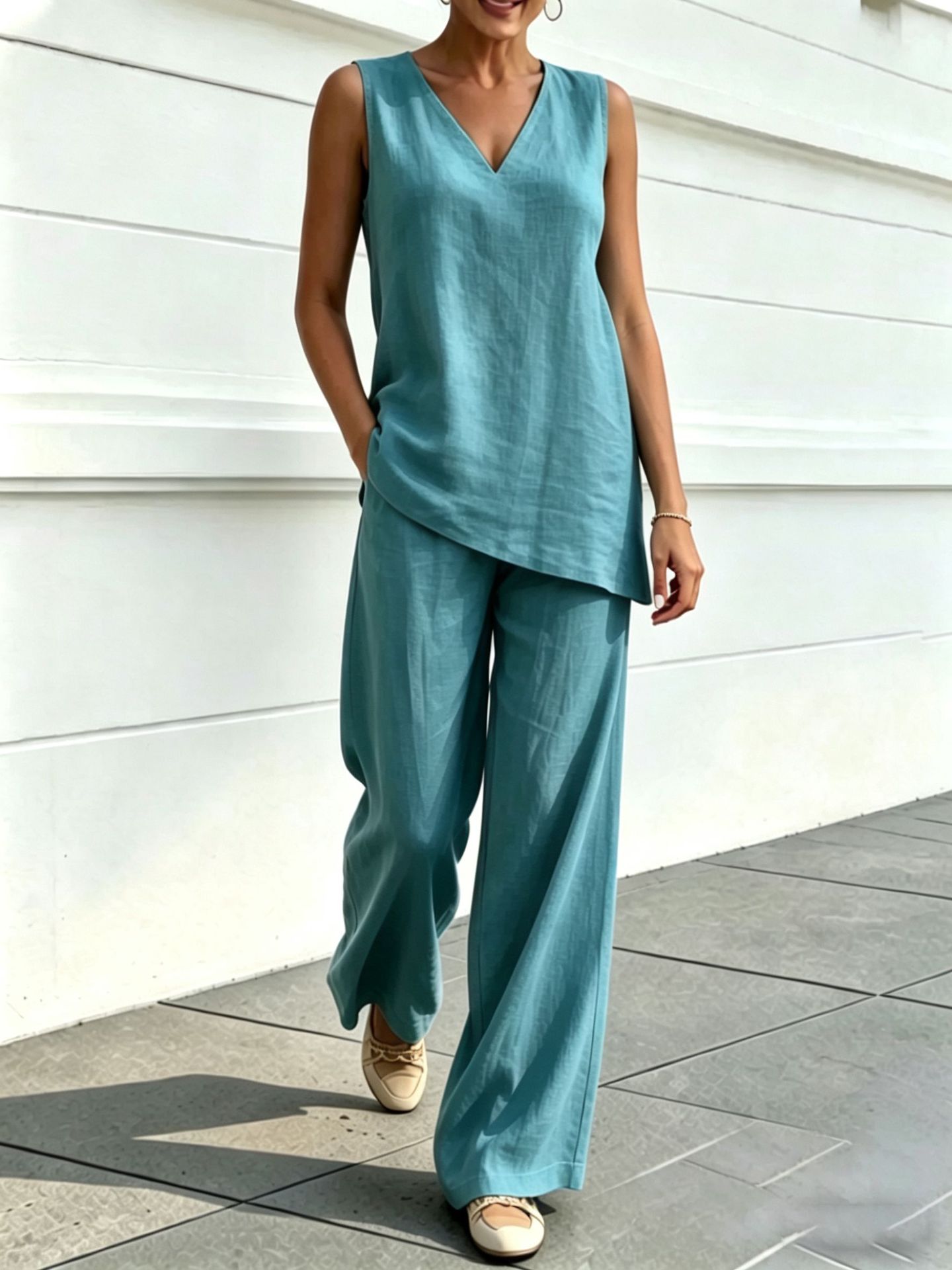 Womens V-neck Sleeveless Cotton-Linen Top And Wide-Leg Pants Set