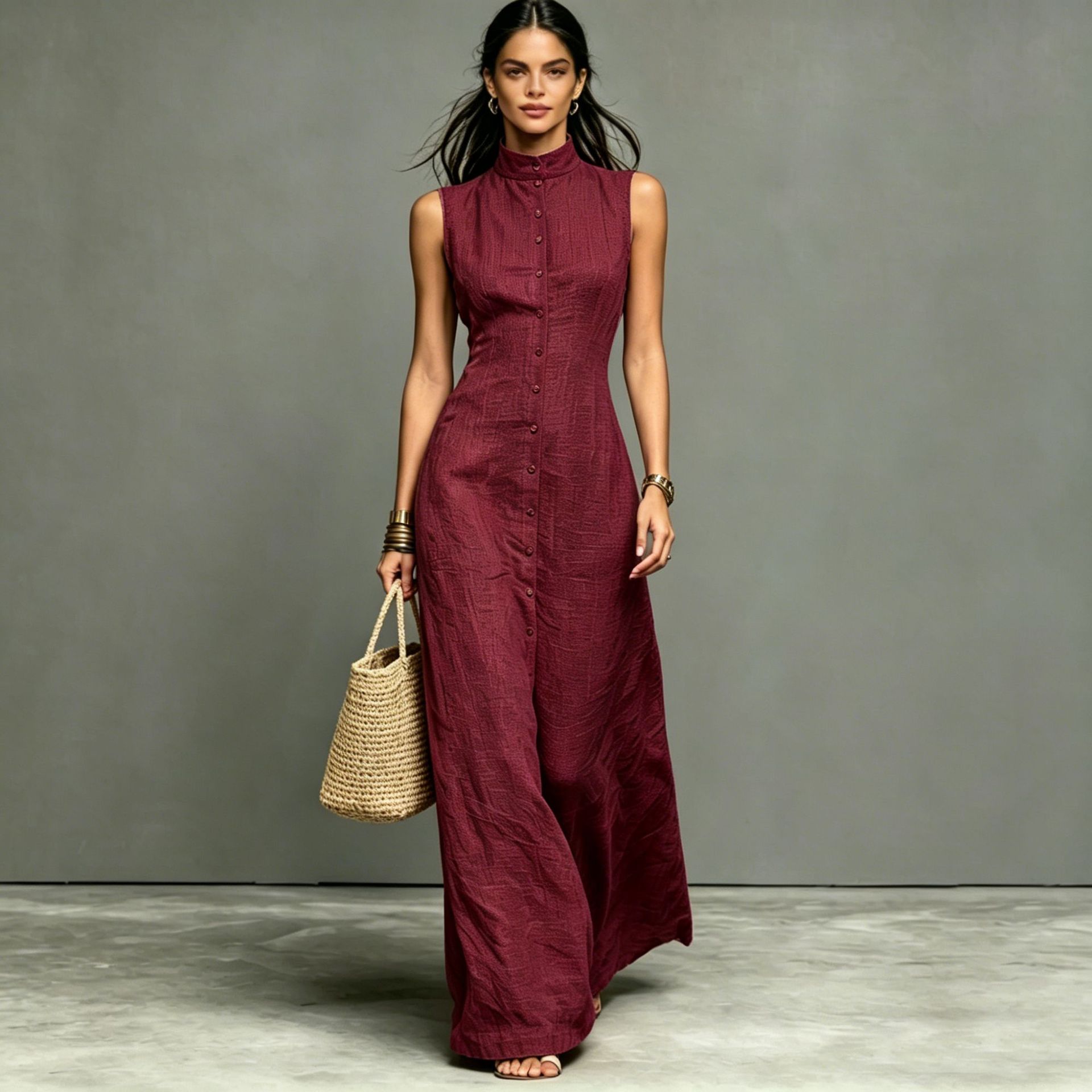 Blended Fabric Stand-up Collar Single-breasted Sleeveless Maxi Dress