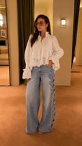 Evelina Lace Trim Blouse & Side-Braid Wide Leg Jeans Set