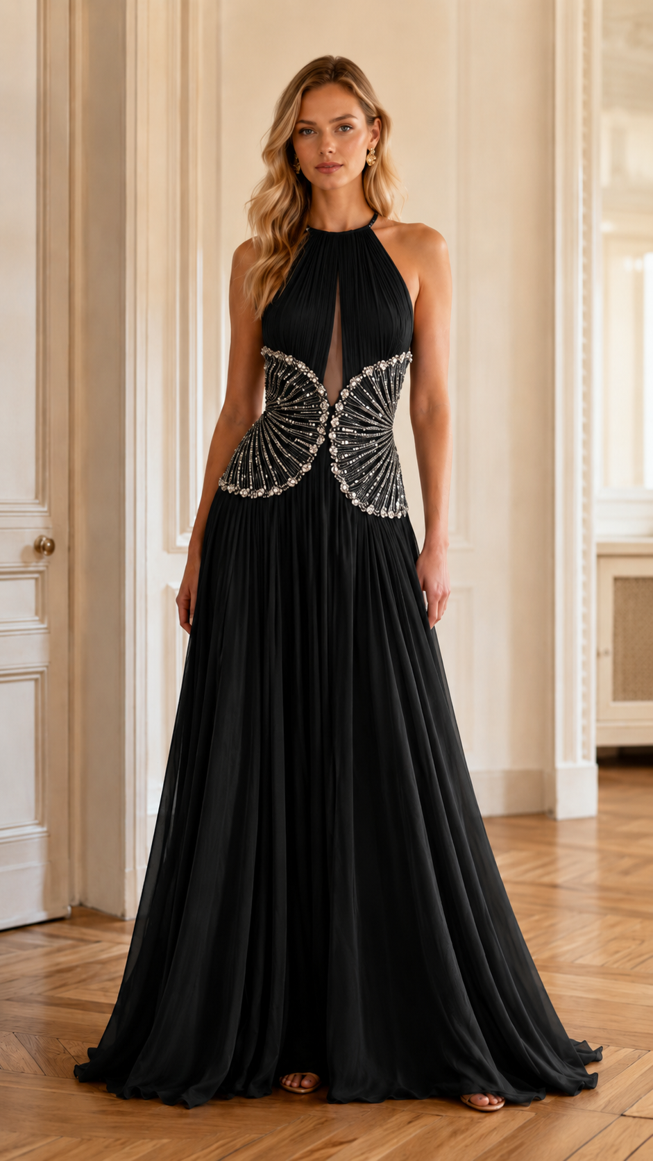Champagne Beaded Halter Evening Gown