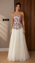 Ivory Floral Appliqué Strapless Evening Gown