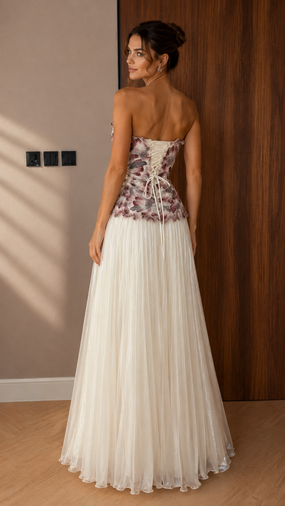 Ivory Floral Appliqué Strapless Evening Gown